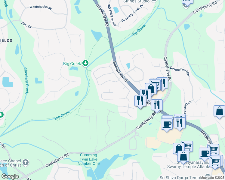 map of restaurants, bars, coffee shops, grocery stores, and more near 6135 Falls Landing Drive in Cumming
