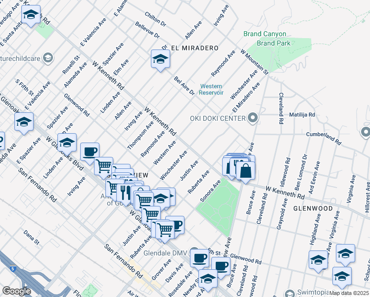 map of restaurants, bars, coffee shops, grocery stores, and more near 1630 West Kenneth Road in Glendale