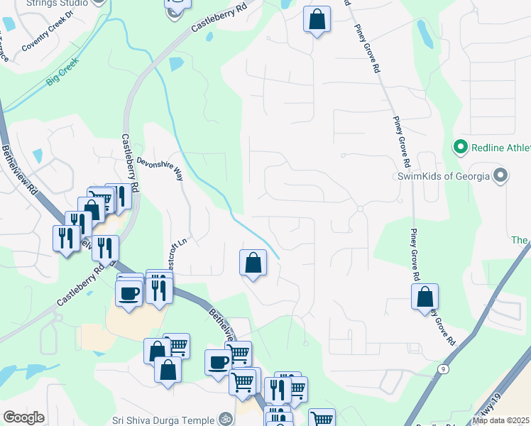 map of restaurants, bars, coffee shops, grocery stores, and more near 6740 Waveland Drive in Cumming