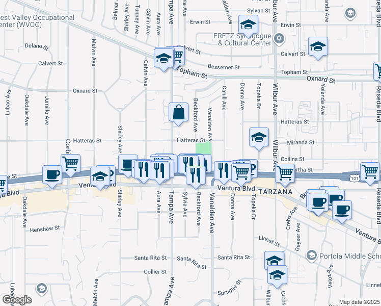 map of restaurants, bars, coffee shops, grocery stores, and more near 5658 Tampa Avenue in Los Angeles