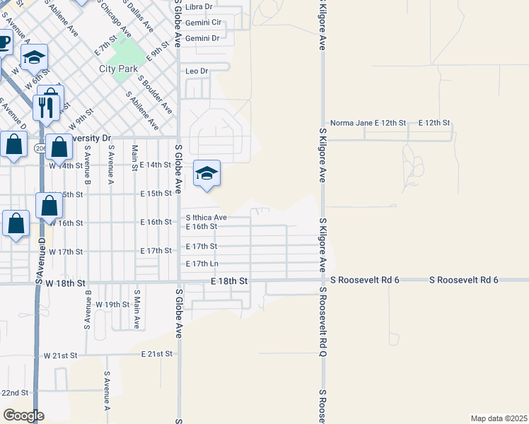 map of restaurants, bars, coffee shops, grocery stores, and more near 500-598 East 16th Street in Portales