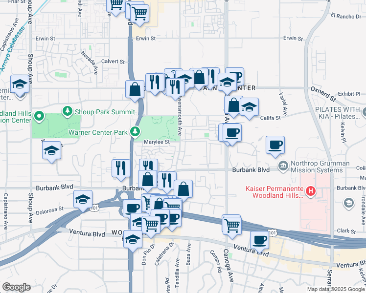 map of restaurants, bars, coffee shops, grocery stores, and more near 5 Owensmouth Avenue in Los Angeles