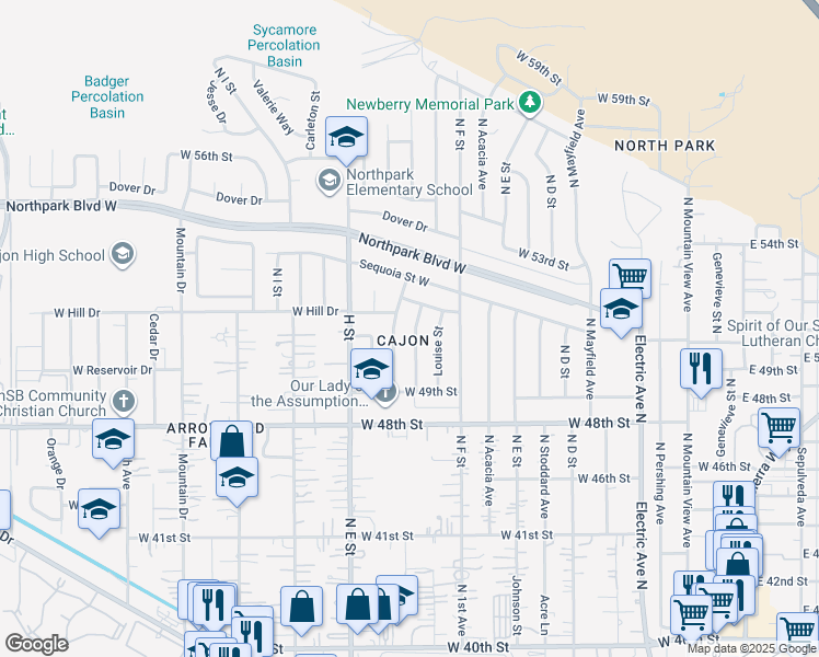 map of restaurants, bars, coffee shops, grocery stores, and more near 5128 North Berkeley Avenue in San Bernardino