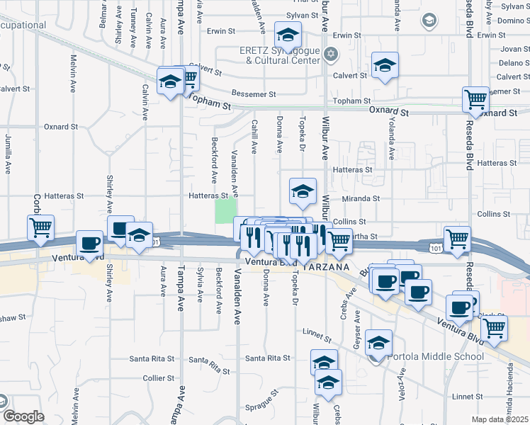 map of restaurants, bars, coffee shops, grocery stores, and more near 19024 Miranda Street in Los Angeles