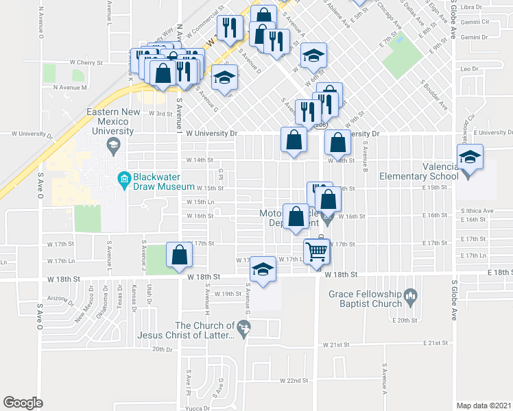 map of restaurants, bars, coffee shops, grocery stores, and more near 1530 South Avenue East in Portales
