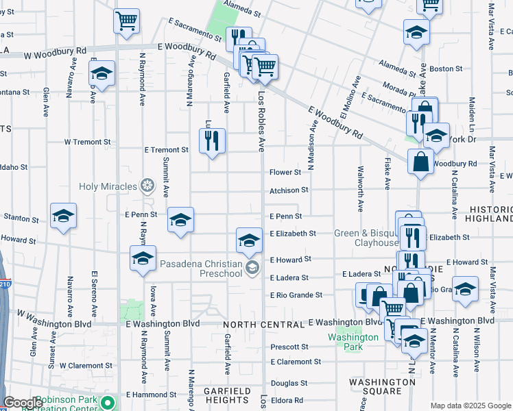 map of restaurants, bars, coffee shops, grocery stores, and more near in Pasadena