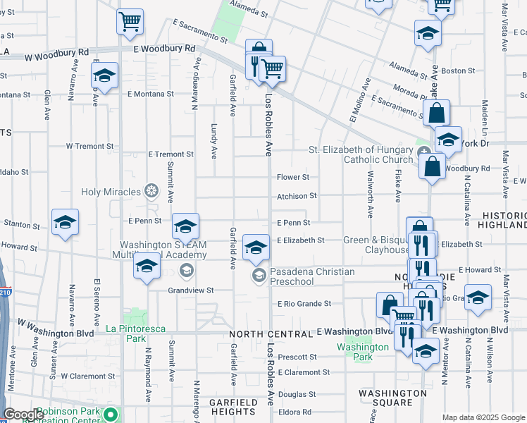 map of restaurants, bars, coffee shops, grocery stores, and more near 1693 North Los Robles Avenue in Pasadena