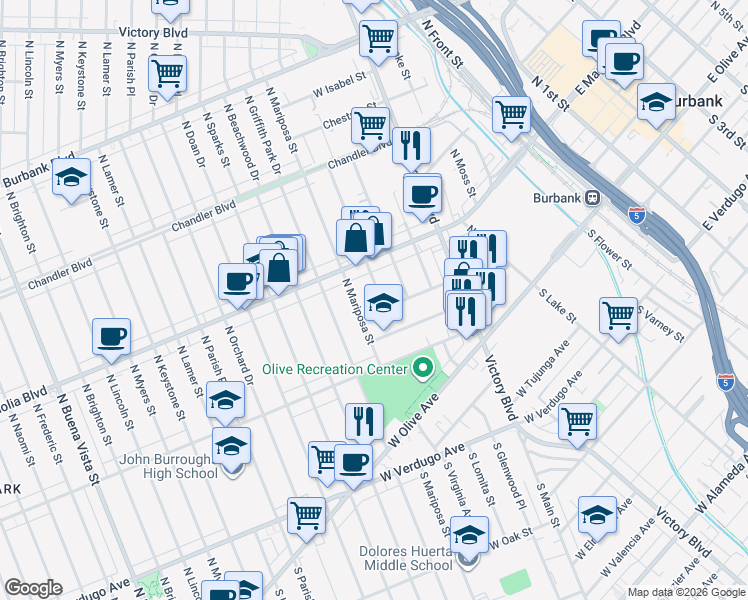 map of restaurants, bars, coffee shops, grocery stores, and more near 311 North Shelton Street in Burbank