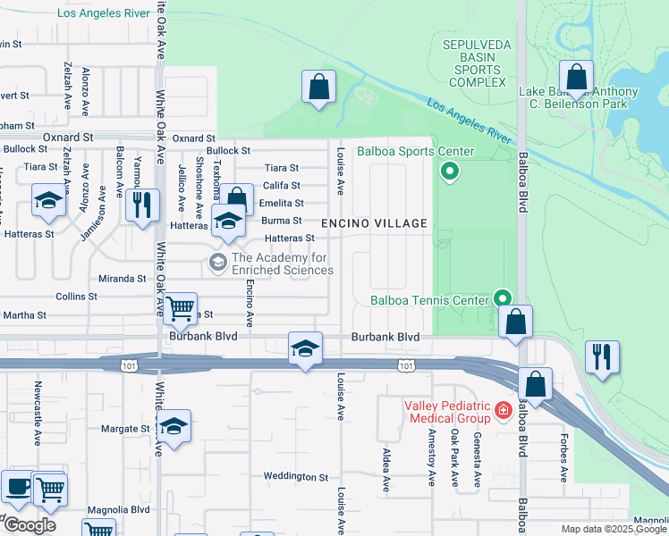 map of restaurants, bars, coffee shops, grocery stores, and more near 5730 Lasaine Avenue in Los Angeles