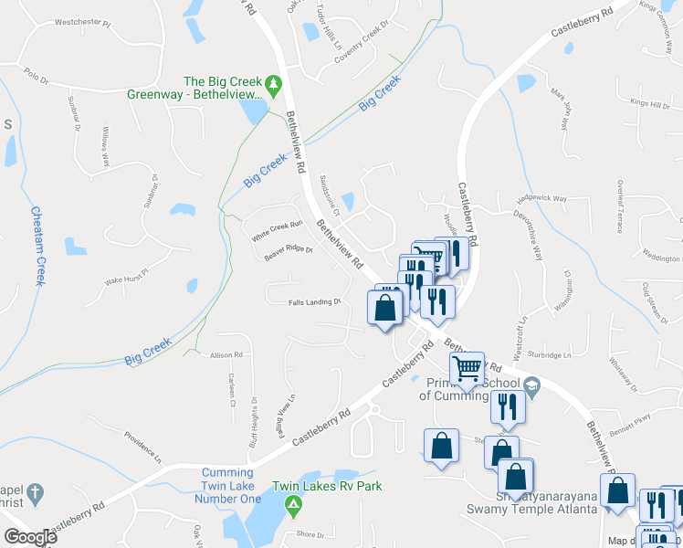 map of restaurants, bars, coffee shops, grocery stores, and more near 5520 Falls Landing Drive in Cumming
