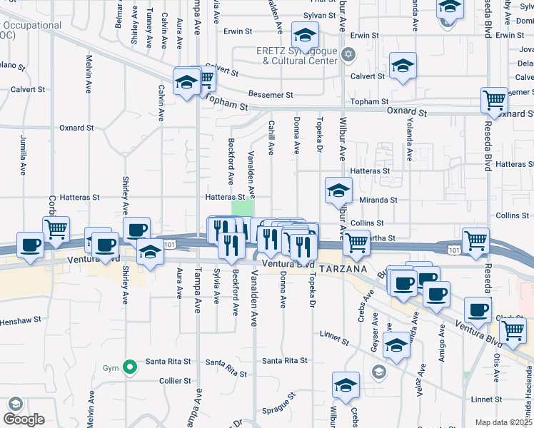 map of restaurants, bars, coffee shops, grocery stores, and more near 5715 Cahill Avenue in Los Angeles