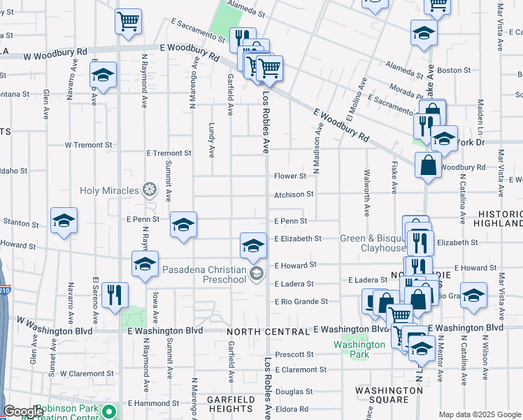 map of restaurants, bars, coffee shops, grocery stores, and more near 1693 North Los Robles Avenue in Pasadena