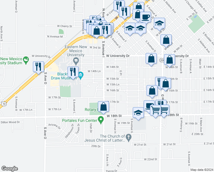 map of restaurants, bars, coffee shops, grocery stores, and more near 1541 South Avenue H in Portales