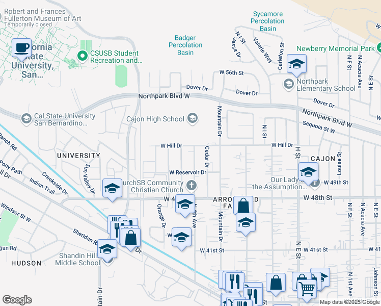 map of restaurants, bars, coffee shops, grocery stores, and more near 4275 North 4th Avenue in San Bernardino