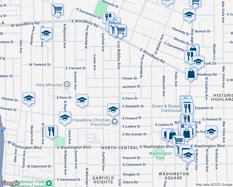map of restaurants, bars, coffee shops, grocery stores, and more near in Pasadena