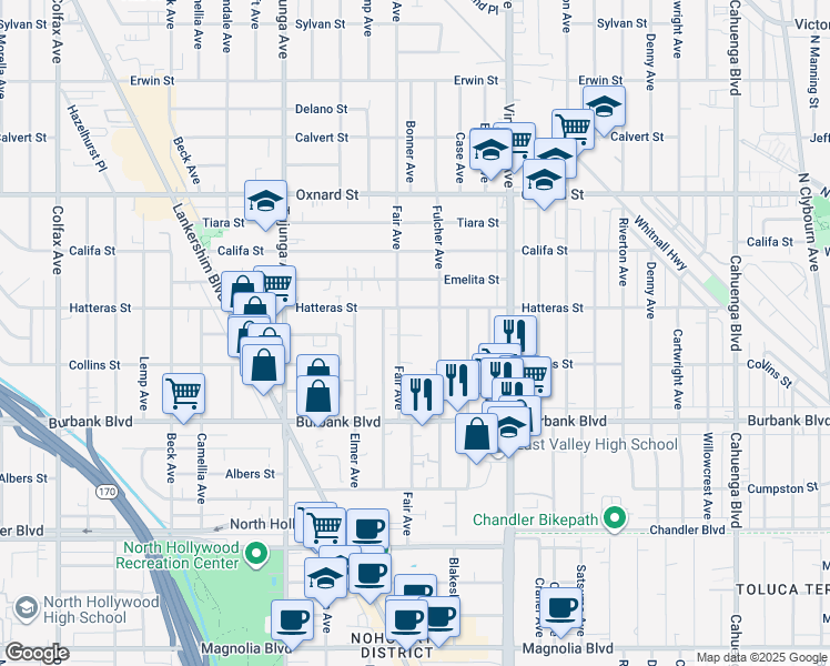 map of restaurants, bars, coffee shops, grocery stores, and more near 5724 Fair Avenue in Los Angeles