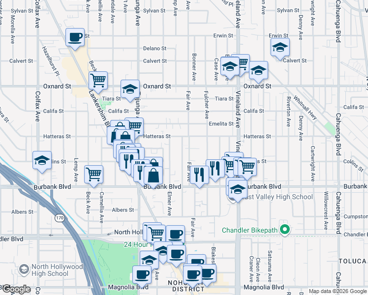 map of restaurants, bars, coffee shops, grocery stores, and more near 5738 Klump Avenue in Los Angeles