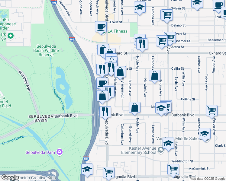 map of restaurants, bars, coffee shops, grocery stores, and more near 5720 Sepulveda Boulevard in Los Angeles