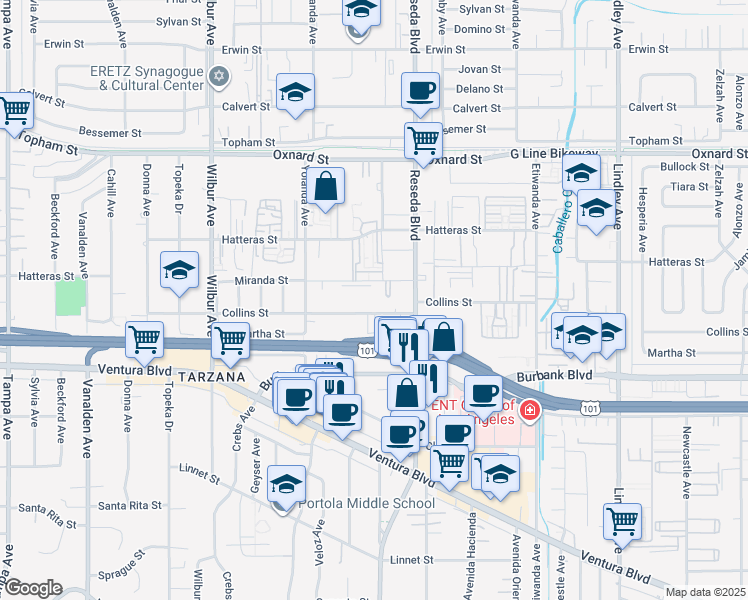 map of restaurants, bars, coffee shops, grocery stores, and more near 18540 Collins Street in Los Angeles