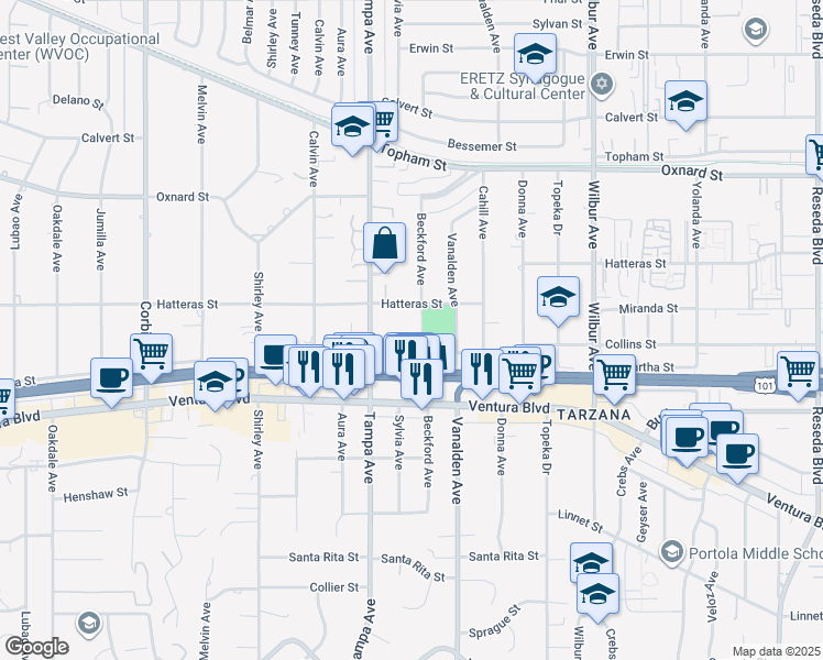 map of restaurants, bars, coffee shops, grocery stores, and more near 5658 Tampa Avenue in Los Angeles