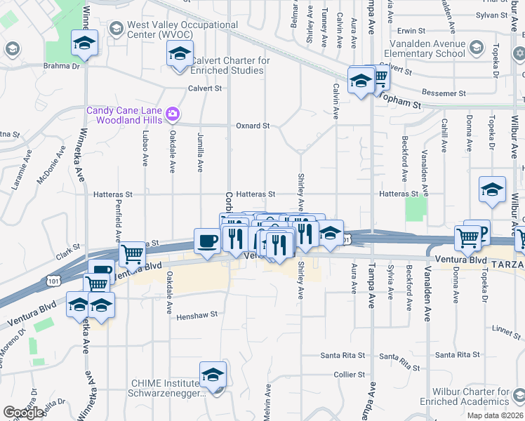 map of restaurants, bars, coffee shops, grocery stores, and more near 5642 Melvin Avenue in Los Angeles