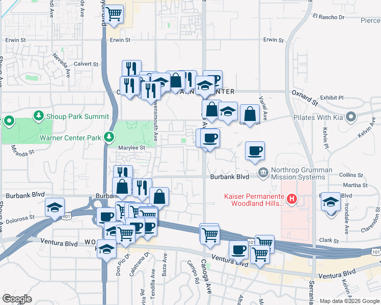 map of restaurants, bars, coffee shops, grocery stores, and more near 5727 Canoga Avenue in Los Angeles