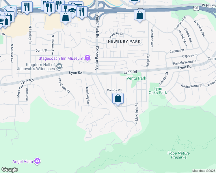 map of restaurants, bars, coffee shops, grocery stores, and more near 1380 Combs Road in Thousand Oaks