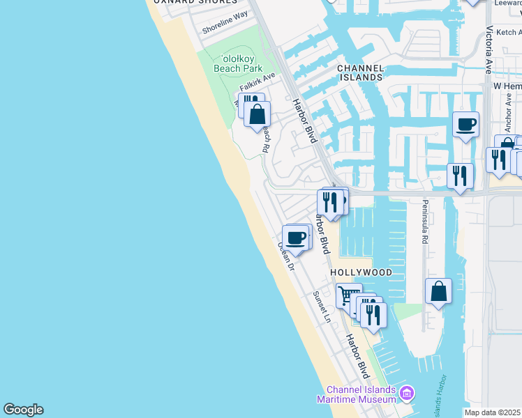 map of restaurants, bars, coffee shops, grocery stores, and more near 4133 Ocean Drive in Oxnard