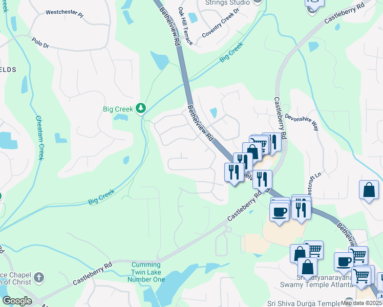 map of restaurants, bars, coffee shops, grocery stores, and more near 6155 Falls Landing Drive in Cumming