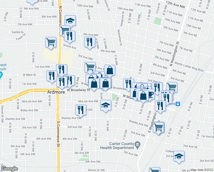 map of restaurants, bars, coffee shops, grocery stores, and more near 114 1st Avenue Northwest in Ardmore