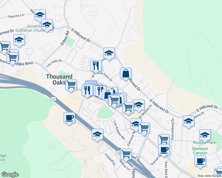 map of restaurants, bars, coffee shops, grocery stores, and more near 2457 Chiquita Lane in Thousand Oaks