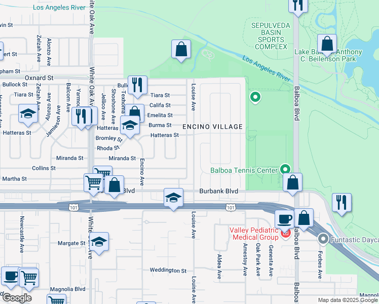 map of restaurants, bars, coffee shops, grocery stores, and more near 5730 Lasaine Avenue in Los Angeles