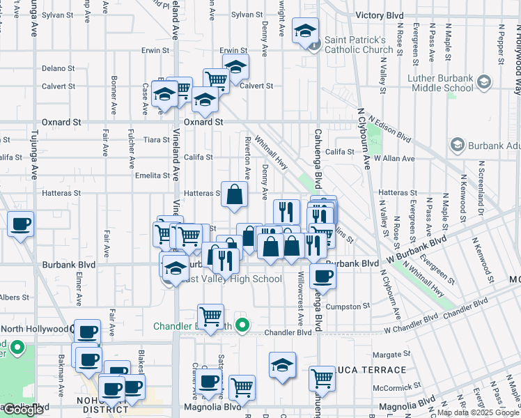 map of restaurants, bars, coffee shops, grocery stores, and more near 5737 Denny Avenue in Los Angeles