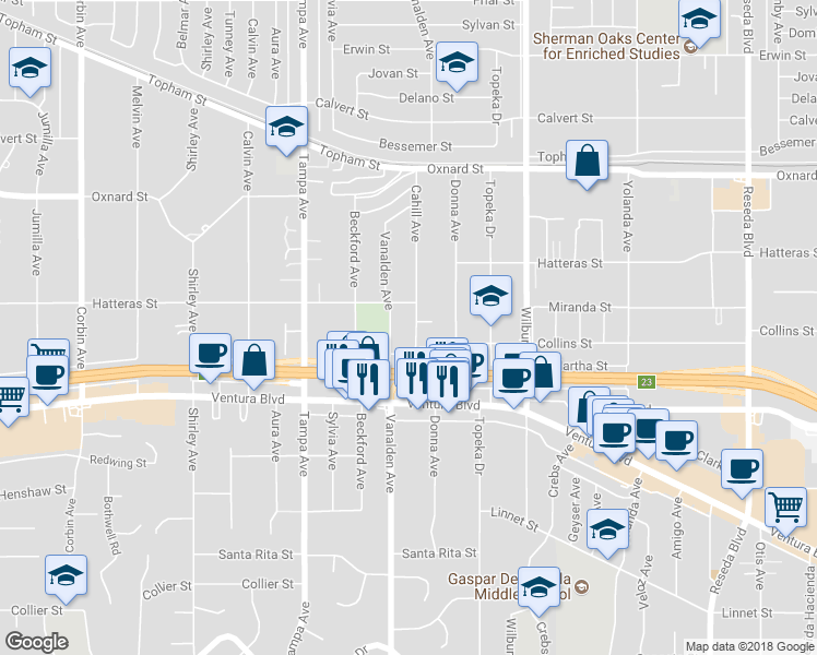 map of restaurants, bars, coffee shops, grocery stores, and more near 5715 Cahill Avenue in Los Angeles