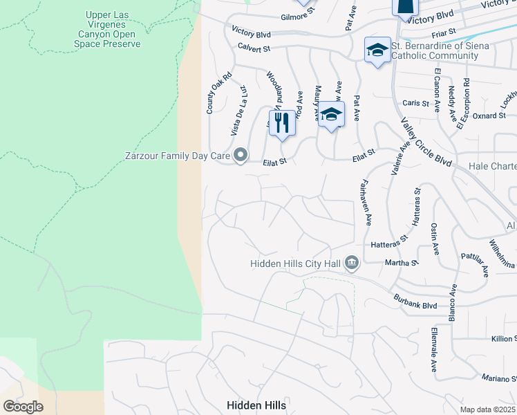map of restaurants, bars, coffee shops, grocery stores, and more near 25115 Eldorado Meadow Road in Hidden Hills