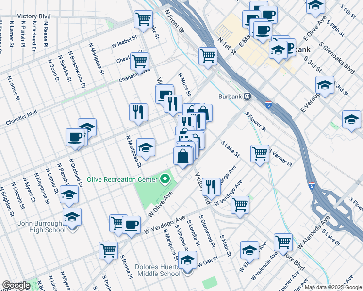 map of restaurants, bars, coffee shops, grocery stores, and more near 137 North Victory Boulevard in Burbank