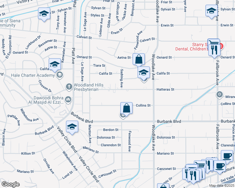 map of restaurants, bars, coffee shops, grocery stores, and more near 23365 Collins Street in Los Angeles