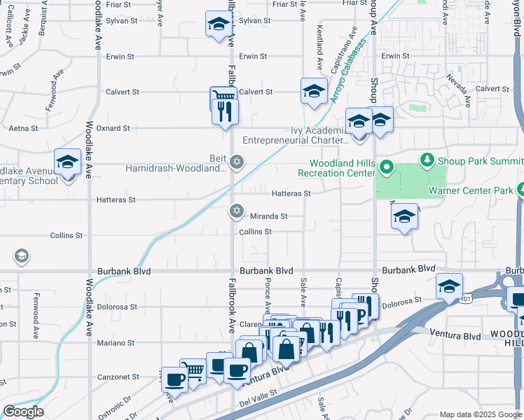 map of restaurants, bars, coffee shops, grocery stores, and more near 22717 Miranda Street in Los Angeles