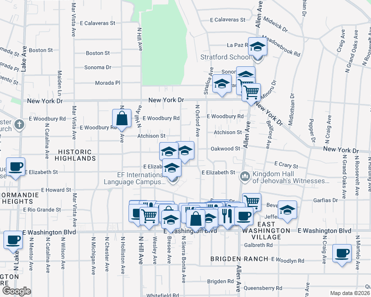 map of restaurants, bars, coffee shops, grocery stores, and more near 1688 North Sierra Bonita Avenue in Pasadena