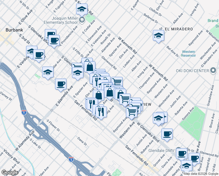map of restaurants, bars, coffee shops, grocery stores, and more near 1122 Linden Avenue in Glendale