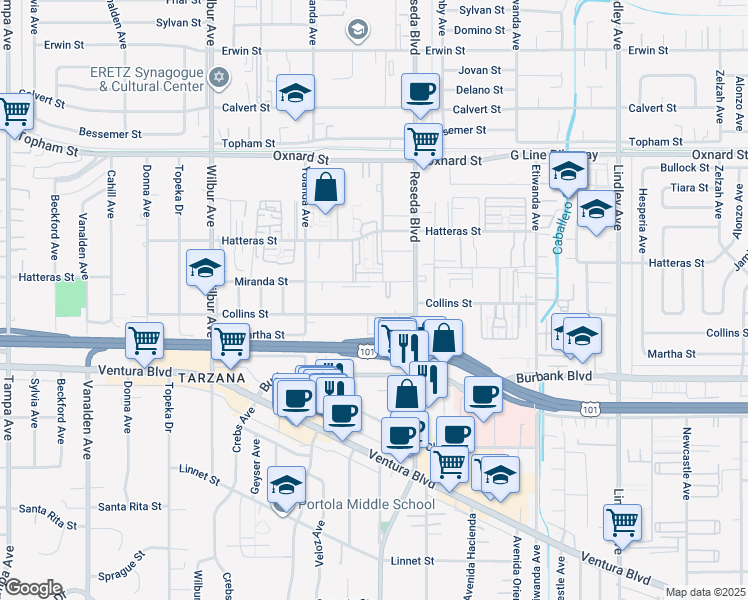 map of restaurants, bars, coffee shops, grocery stores, and more near 18540 Collins Street in Los Angeles
