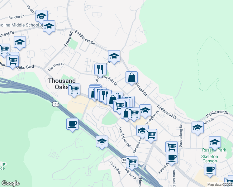 map of restaurants, bars, coffee shops, grocery stores, and more near 2457 Chiquita Lane in Thousand Oaks