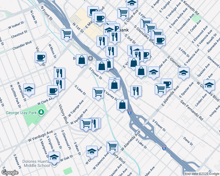 map of restaurants, bars, coffee shops, grocery stores, and more near 414 South Varney Street in Burbank