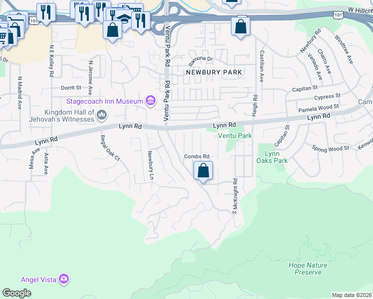 map of restaurants, bars, coffee shops, grocery stores, and more near 1380 Combs Road in Thousand Oaks