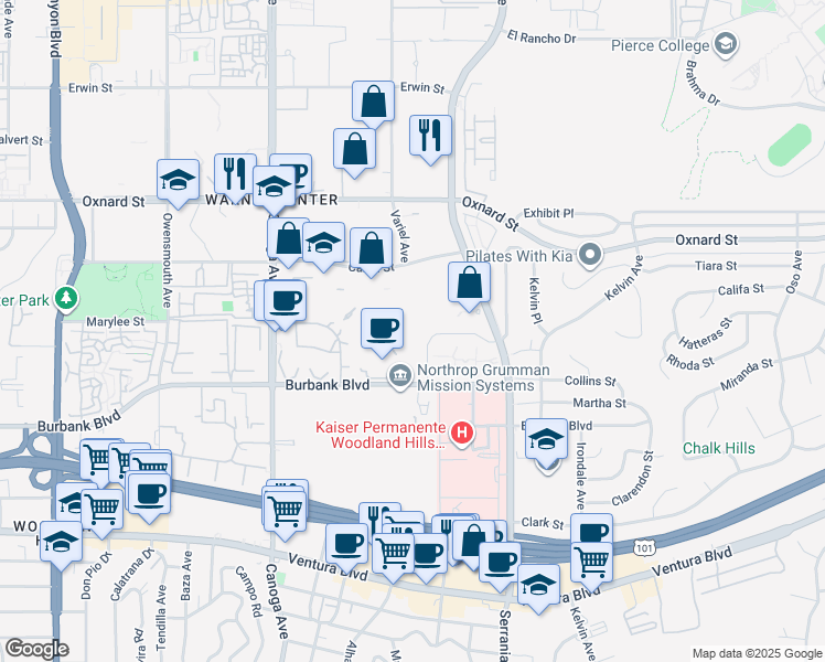 map of restaurants, bars, coffee shops, grocery stores, and more near 21051 Warner Center Lane in Los Angeles