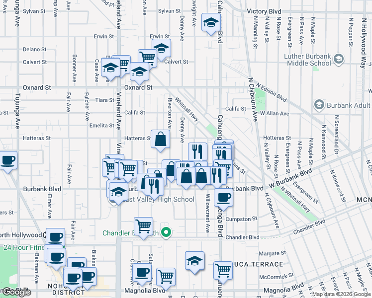 map of restaurants, bars, coffee shops, grocery stores, and more near 5736 Denny Avenue in Los Angeles