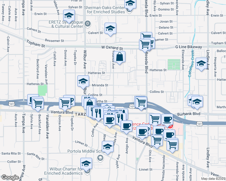 map of restaurants, bars, coffee shops, grocery stores, and more near 18611 Collins Street in Los Angeles