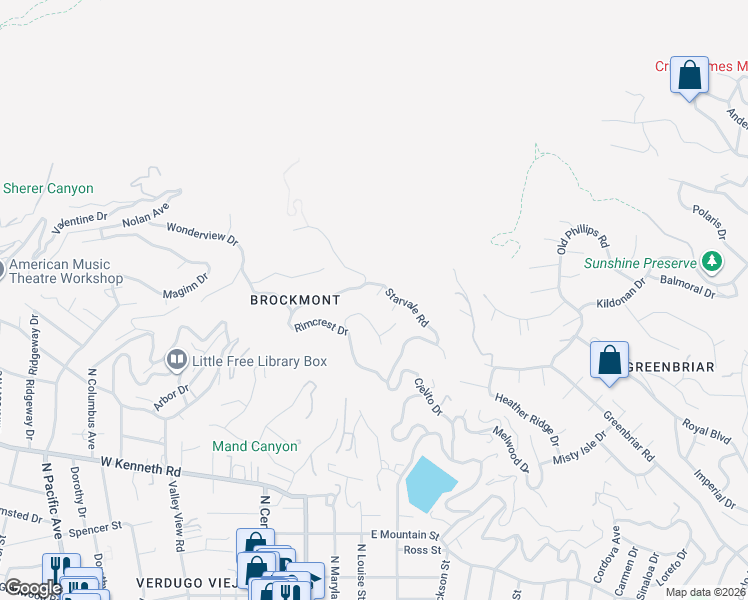 map of restaurants, bars, coffee shops, grocery stores, and more near 1930 Deermont Road in Glendale