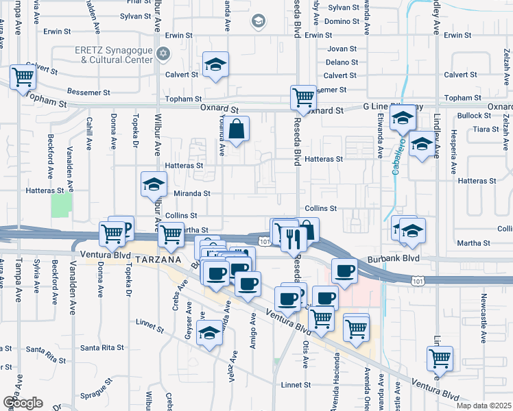map of restaurants, bars, coffee shops, grocery stores, and more near 18611 Collins Street in Los Angeles
