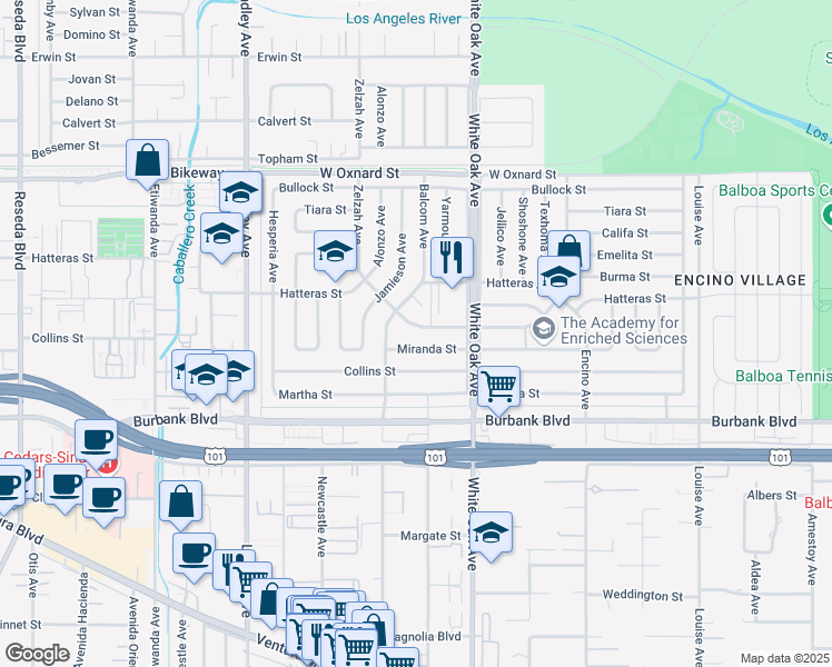 map of restaurants, bars, coffee shops, grocery stores, and more near 17814 Rhoda Street in Los Angeles